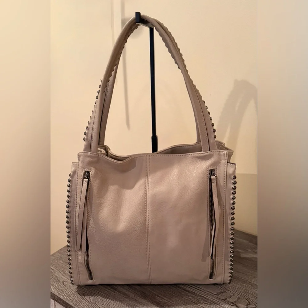 Max Studio Studded Tote Bag Beige Boho Vegan Leather Shoulder Bag Zip Pockets